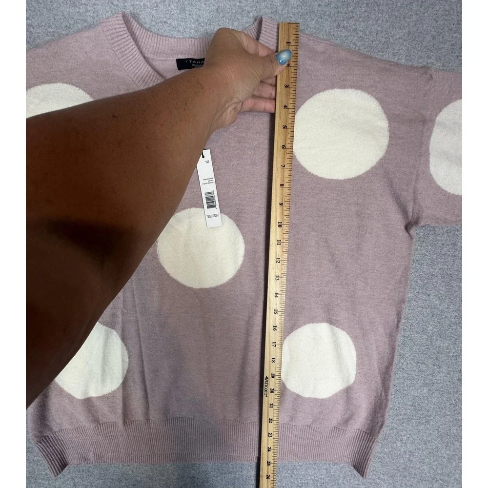Tahari Woman Sweater Womens 1X Light‎ Blush Ivory Dot Pullover Crewneck New Tag